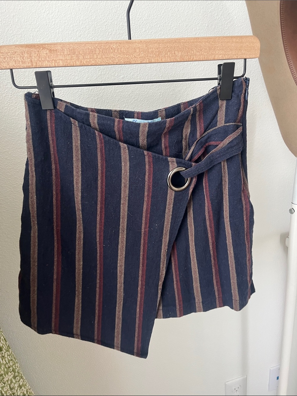 She + Sky Navy Striped Wrap Mini Skirt with Ring